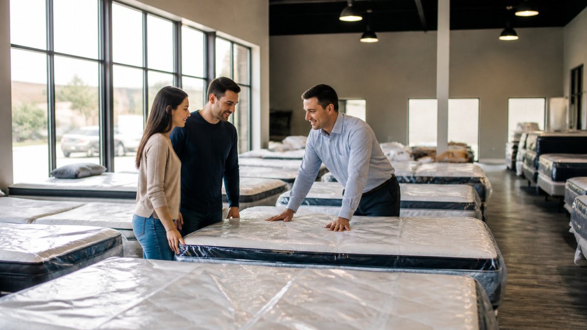 A smiling salesperson assists a couple in one of the bright, well-organized affordable mattress stores in Chattanooga.