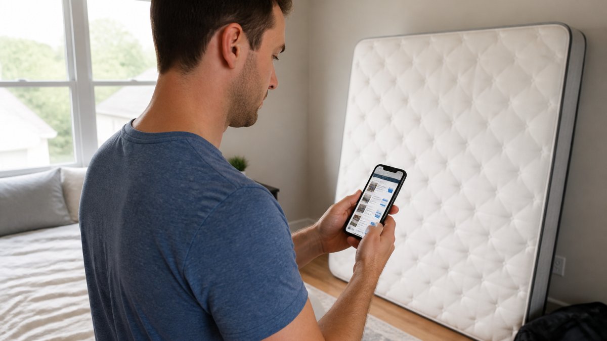 Person using a smartphone to schedule a mattress pickup Chattanooga service in a sunlit bedroom